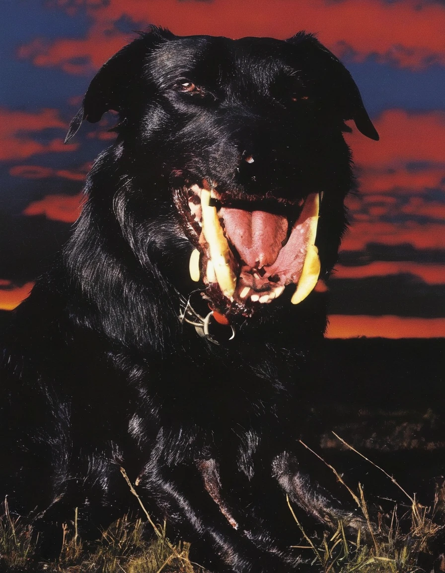 black dog with giant teeths all over head, sunrise background