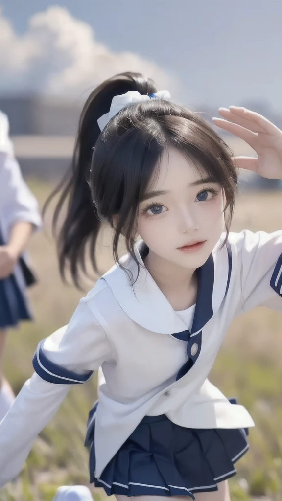 One Girl,(1人のとてもcute女の子:1.3),masterpiece,Highest quality,High resolution,Photorealistic,RAW Photos,Ray Tracing,beautiful girl,(15 years old:1.3),cute,Big eyes,(detailed pupils:1.2),(The face is facing straight ahead:1.3),Body facing forward,Beautiful nose,Fuller lips,Short black hair,ponytail,short hair,Detailed eyelashes,Thin eyebrows,Very fine grain definition,(Symmetrical eyes:1.3),(whole body,Face Focus:1.0),Small breasts,Thin legs,White socks,White and navy blue sailor suit,uniform,Pleated mini skirt,grassland,Blue sky and white clouds,Portrait,View Viewer,Cinema Lighting,High resolution,Very detailed