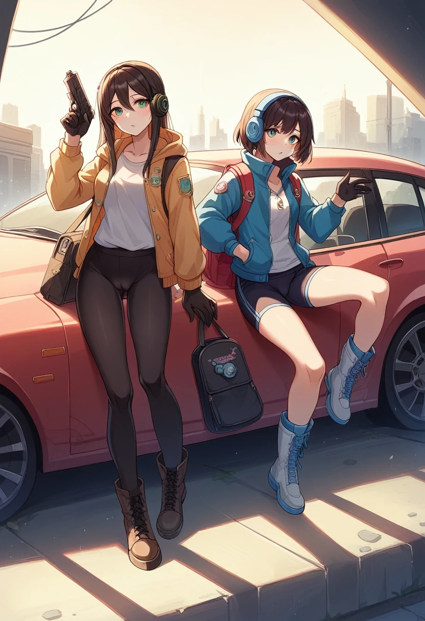 ((high quality)), ((masterpiece)), 8k, Two Girls, car, light, Highly detailed CG Unity 8k wallpaper, CG games, View your viewers, gloves, boots, whole body, clock , computer, mask, Drone, Possession of a gun, Headphones, Jacket, bag, Backpack, Camel Toe, neon,NSFW,beast