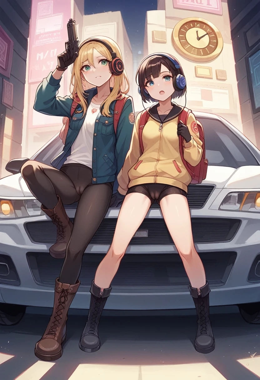 ((high quality)), ((masterpiece)), 8k, Two Girls, car, light, Highly detailed CG Unity 8k wallpaper, CG games, View your viewers, gloves, boots, whole body, clock , computer, mask, Drone, Possession of a gun, Headphones, Jacket, bag, Backpack, Camel Toe, neon,NSFW,beast