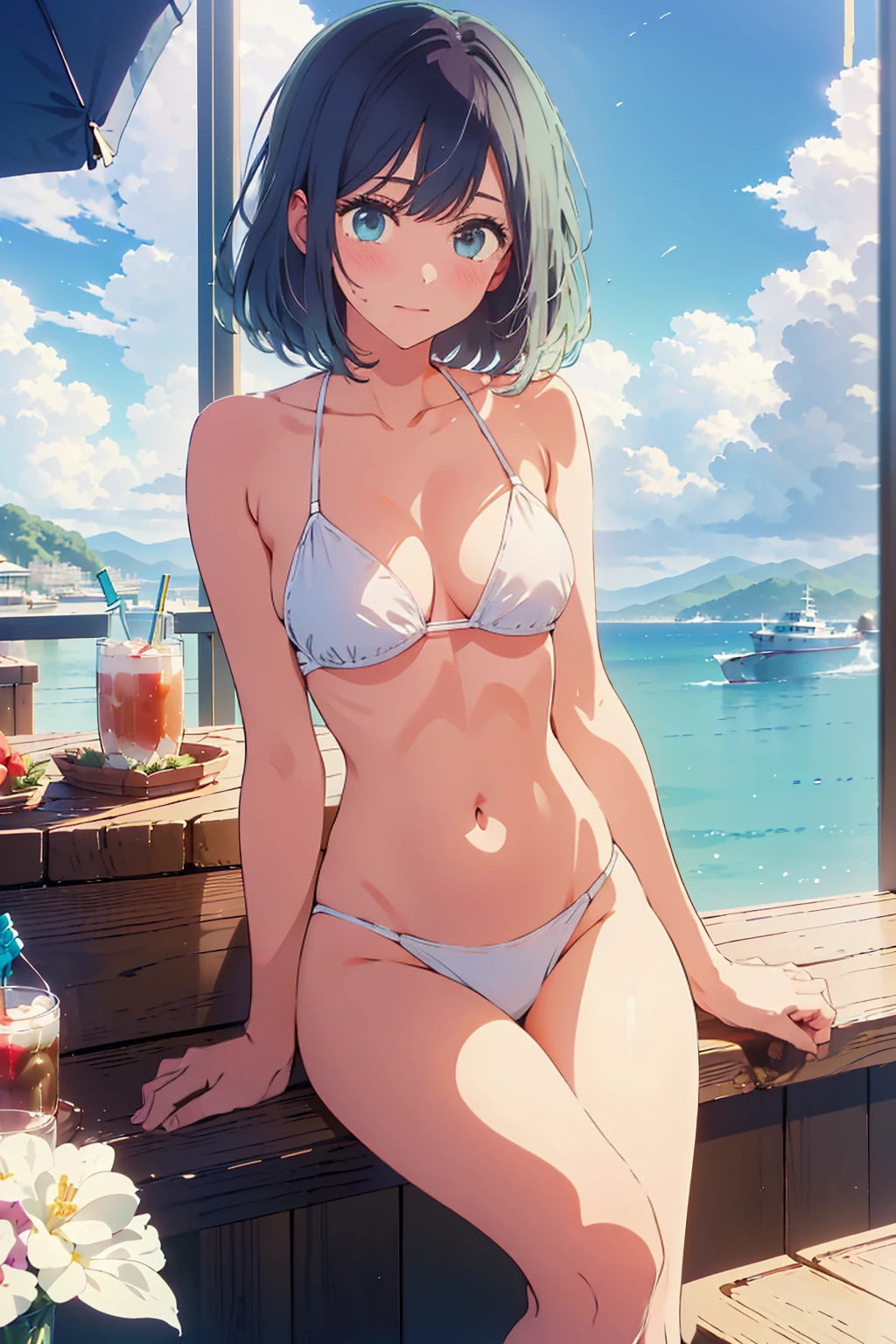 Highest quality,8k,detailed,F cup bust、Big Breasts、Very cute face、Slim and beautiful arms、Slim body、((((1 person、looking at the camera、smile、Very white beautiful skin、Thin white bikini、smile、sit、In the background are the skyscrapers of Tokyo city、Outdoor café terrace、Drink juice、Cheek resting on hand、coastal、table、Shooting from a distance))))、I can see the deep blue sky、She tilted her head slightly、The atmosphere is bright and lively、The woman is at the center of the image。