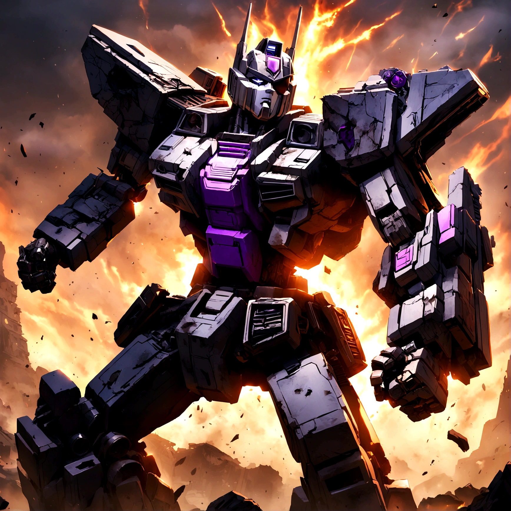 Transformers G1 Megatron, heavily damaged, he has lots of improvised repairs and an eyepatch. Furious