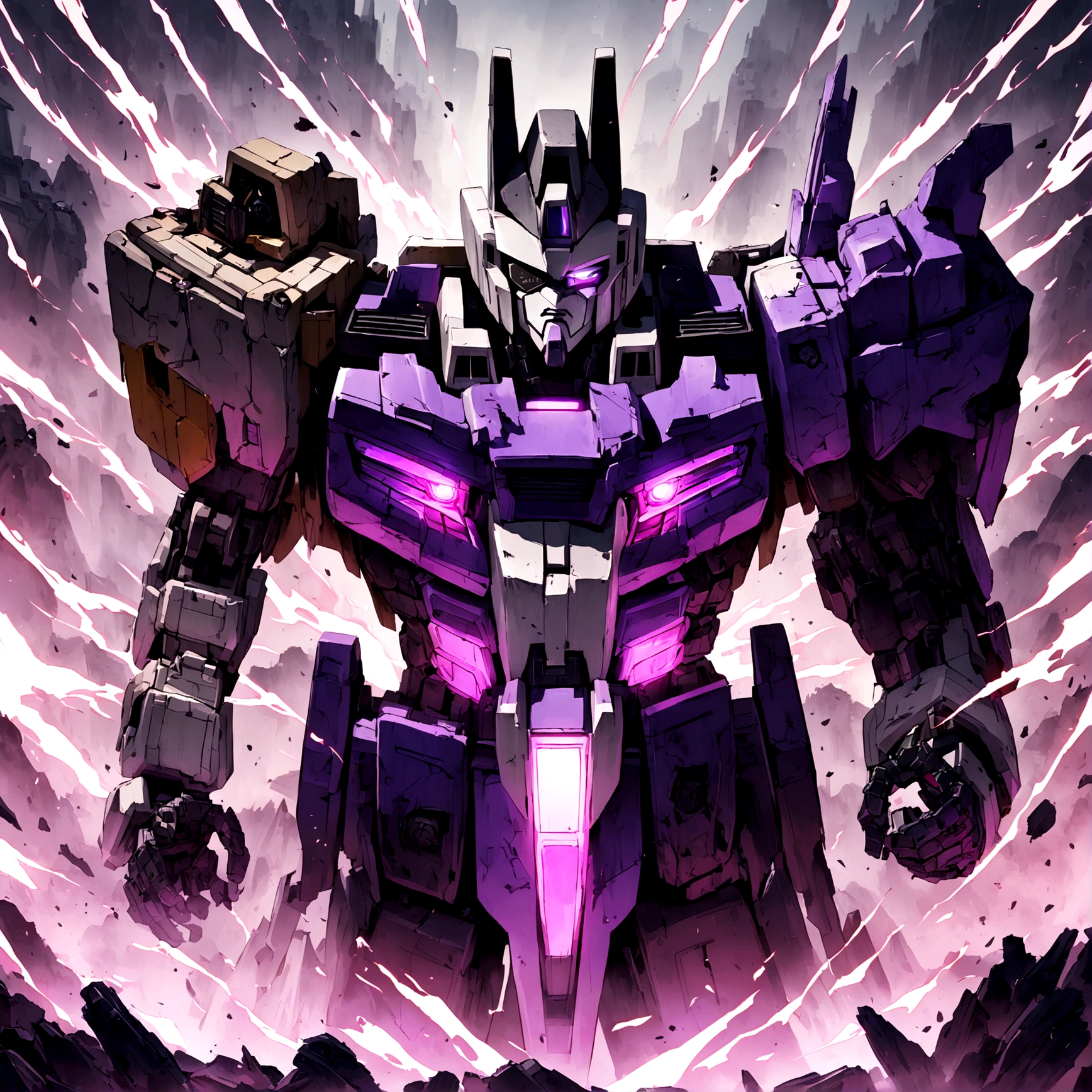 Transformers G1 Megatron, heavily damaged, he has lots of improvised repairs and an eyepatch. Furious
