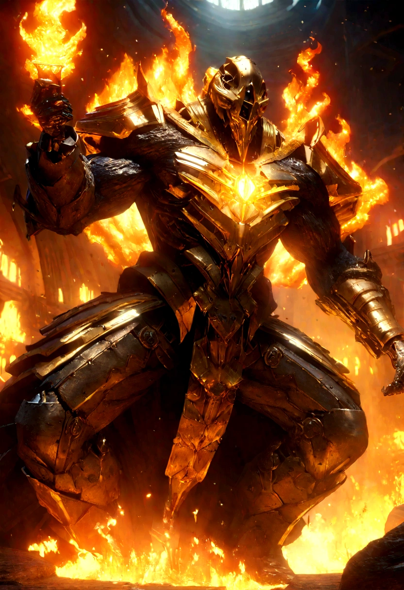detailed golden forge, glowing molten metal, intense flames, muscular blacksmith, fire hair, sweat glistening, dynamic movement, intricate details, rich color palette, dramatic lighting, cinematic composition, award winning digital art, concept art, octane render, unreal engine, 8k, photorealistic