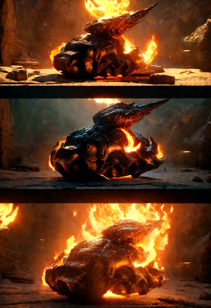 detailed golden forge, glowing molten metal, intense flames, muscular blacksmith, fire hair, sweat glistening, dynamic movement, intricate details, rich color palette, dramatic lighting, cinematic composition, award winning digital art, concept art, octane render, unreal engine, 8k, photorealistic