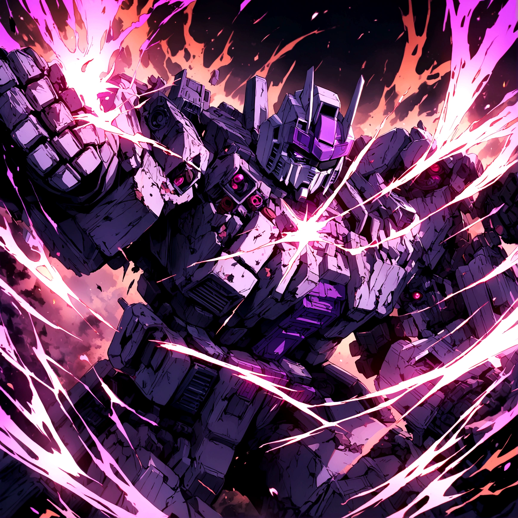 Transformers G1 Megatron, heavily damaged, he has lots of improvised repairs and an eyepatch. Furious
