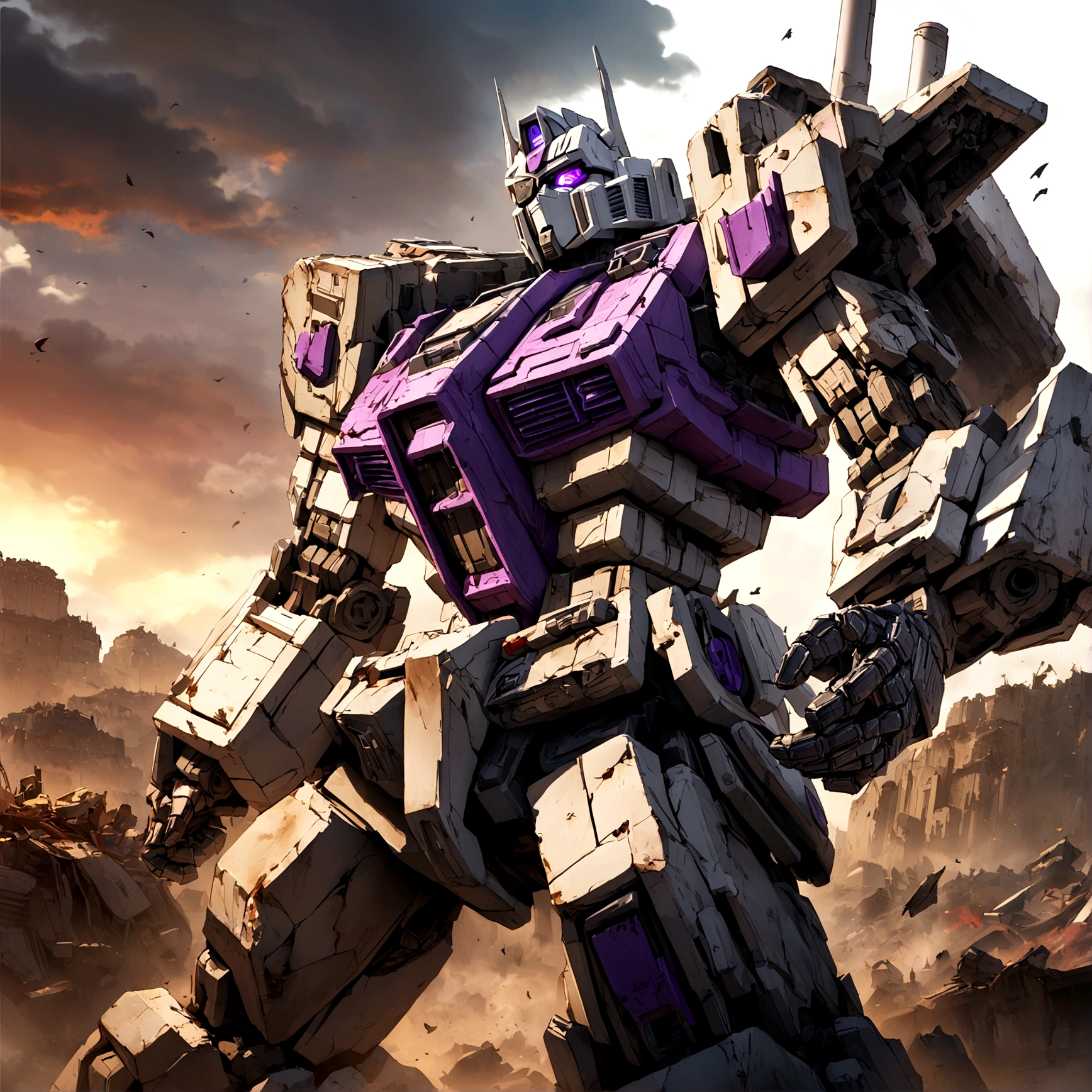 Transformers G1 Megatron, heavily damaged, he has lots of improvised repairs and an eyepatch. Furious