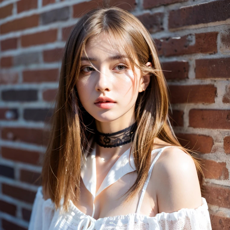 ultra realistic 8k cg, masterpiece, ((ultra detailed background, delicate pattern, intricate detail)), best quality, intricate details, chromatic aberration, 1girl, long hair, golden hair, messy hair, red highlights, hair over one eye, sharp eyes, choker, brick wall, graffiti, dim lighting, alley, oversized shirt,off shoulder, see through white shirt, Masterpiece, best quality