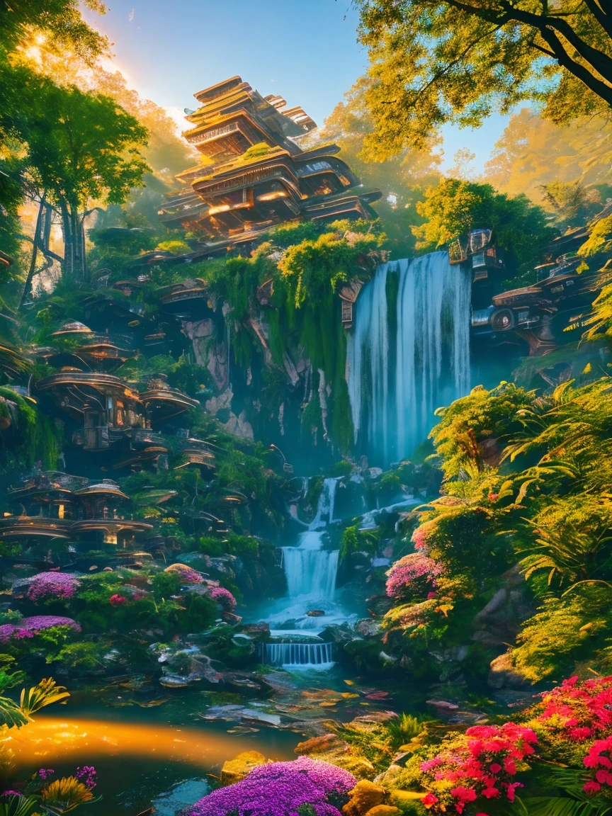 Science Fiction, Cities stempunk futuristic design large city, a artificial waterfall and a pond with colorful flowers in the middle, nature meets forest architecture, built inside dark forest, real nature, realistic image, steampunk technology, steampunk architecture, luxury architecture, realistic photography, epic and stunning, architectural visualization, epic architecture, 8k, higly detaiked and texture, ultra hd, ultra detailed, HDR style, rays light, golden hour