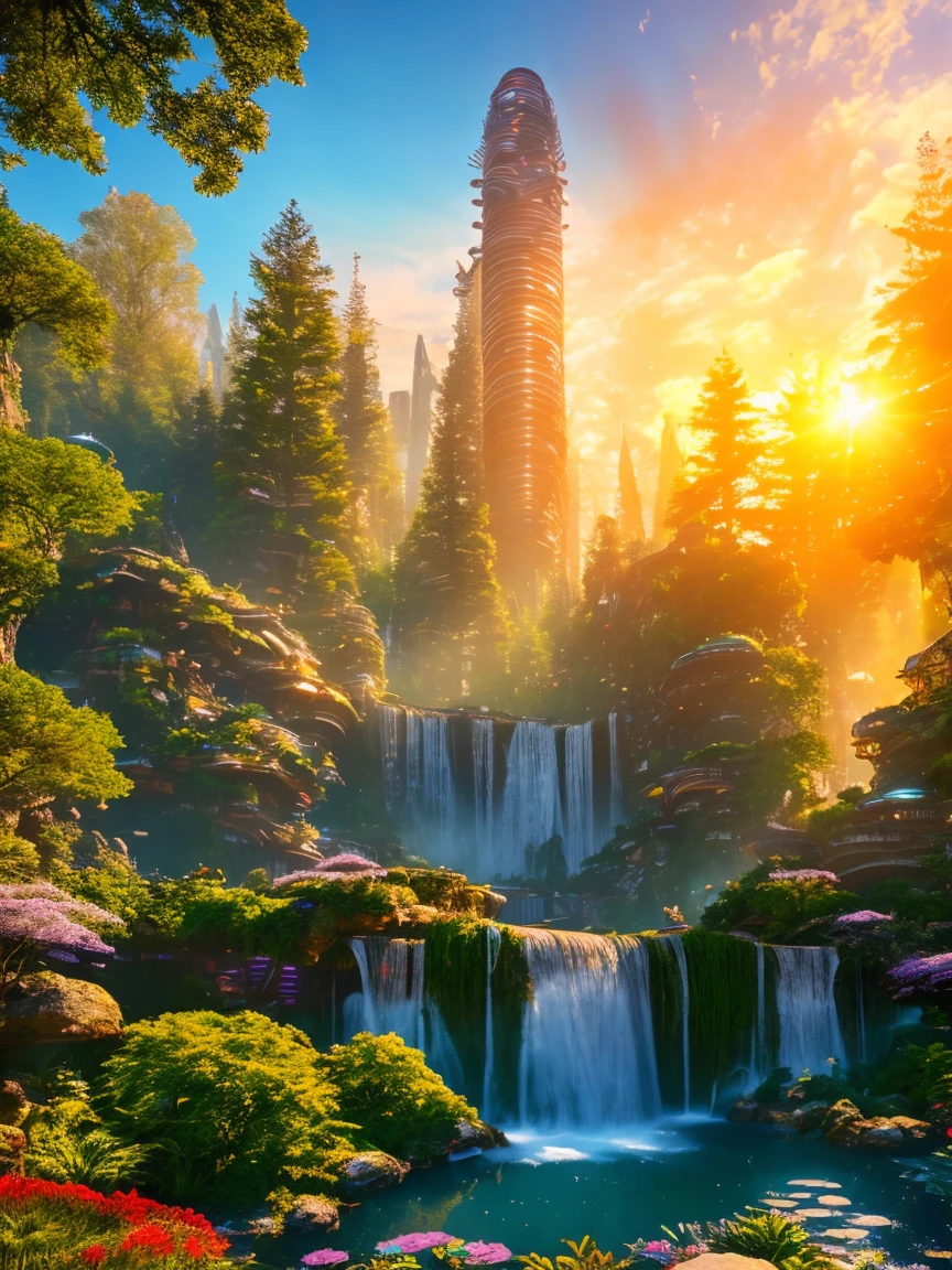 Science Fiction, Cities stempunk futuristic design large city, a artificial waterfall and a pond with colorful flowers in the middle, nature meets forest architecture, built inside dark forest, real nature, realistic image, steampunk technology, steampunk architecture, luxury architecture, realistic photography, epic and stunning, architectural visualization, epic architecture, 8k, higly detaiked and texture, ultra hd, ultra detailed, HDR style, rays light, golden hour