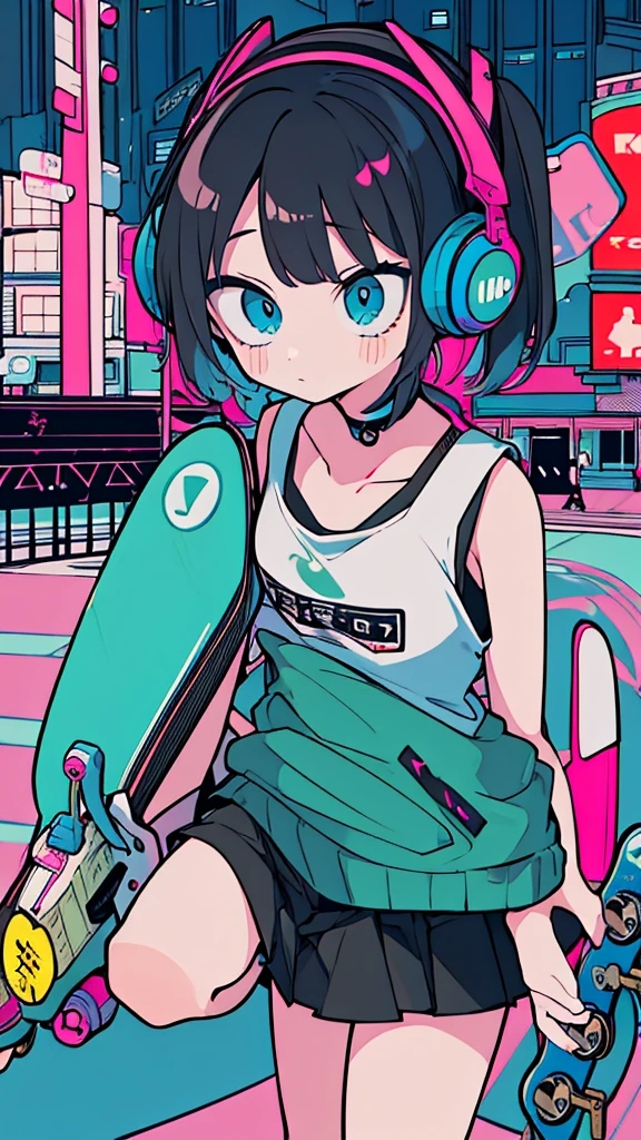 Best quality, (masterpiece:1.2), best detail face,1 girl is walking, midium breasts, 18 yo, 8k,absurdres,unity 8k wall paper,(extremely detailed:1.3), highest realistic, (retro headphones:1.1),(psychedelic:1.2),Retro cityscape, 1girl in, retro artstyle, neon art style_Pop, public, outside of house, street signs, loose clothing, 18 yo,Lots of signs with kanji written on them, ((retro city　mood)), dark natural pallet, (((Playng Skate board)))
