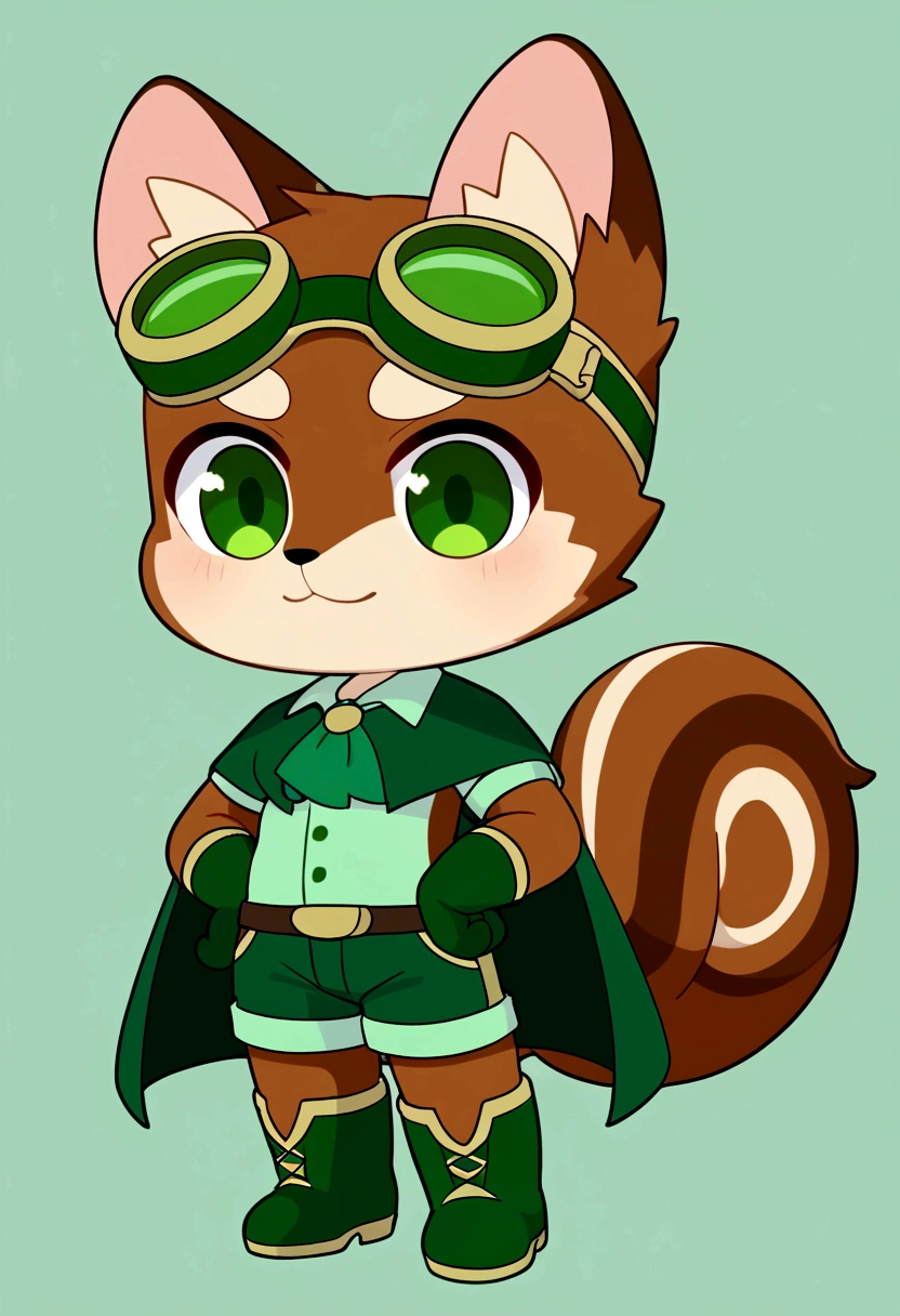 boy, furry, blown squirrel ears, animal ear fluff, bodyfur, blown squirrel tail, green goggles, green club budge, green neckerchief, green sailor collar, green cloak, light green polo shirt, short sleeves, green shorts, green rubber gloves, green wellington boots, chibi