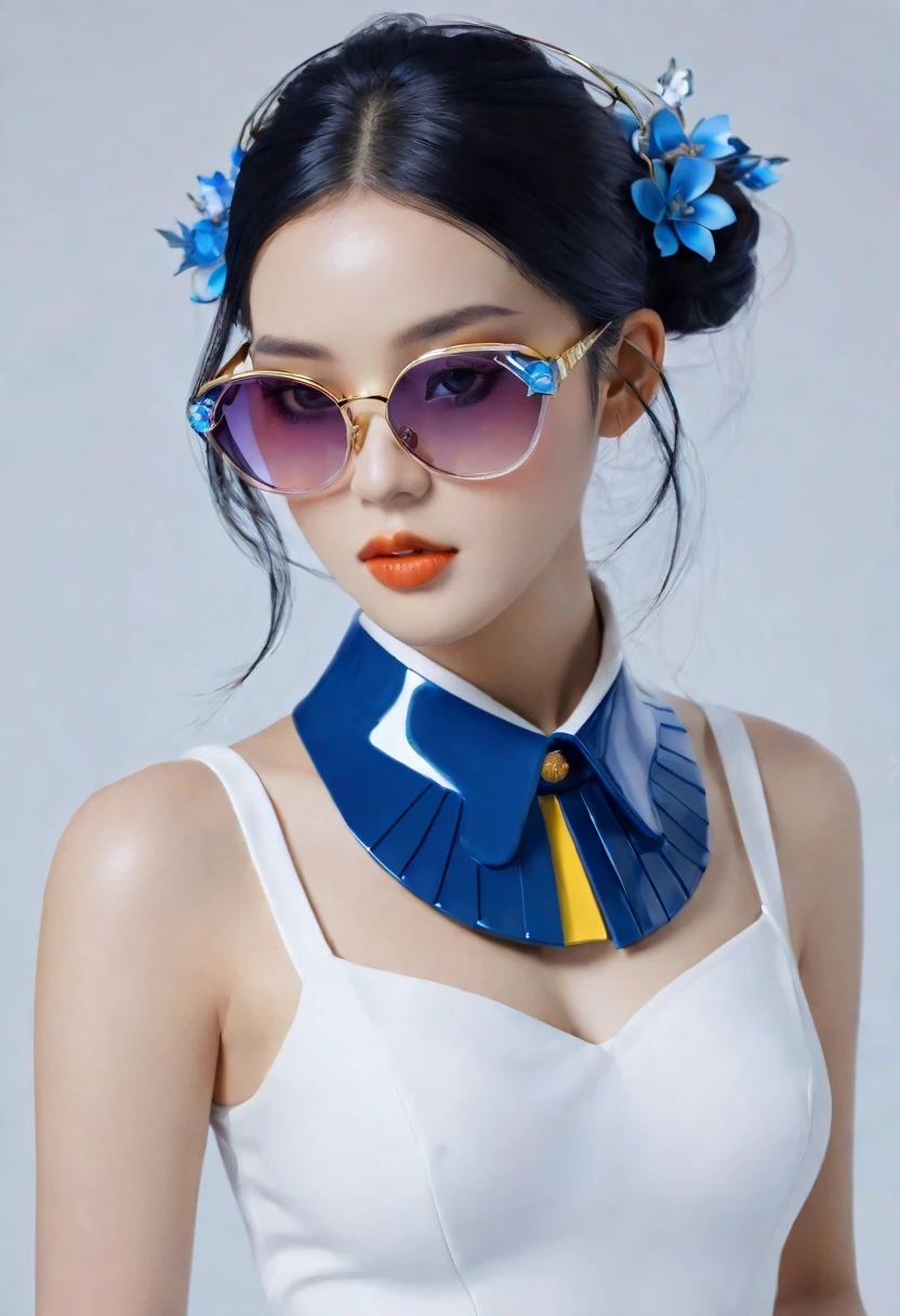 Immerse yourself in the world of digital art with this visually descriptive and detailed piece inspired by the styles of guweiz and artgerm. Featuring an elegant woman adorned with a blue collar and sunglasses, this artwork is a true masterpiece in the realm of digital art.