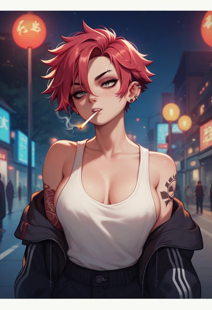 Crimson hair, black highlight in hair, short hair, tomboy, Japanese sleeve tattoo, neat ear piercings, thin tanktop, b cups, no bra, one cigarette in mouth, streetwear, freckle on right boob, night, city background, empty hands