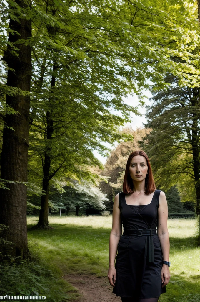 Foto der Frau, Schwarze Witwe, Half body, Body, Betrachter betrachten, hochdetaillierte Haut, Trees, Park, grass, 8k uhd, dslr, sanfte Beleuchtung, good quality, Filmkorn, Fujifilm XT3
