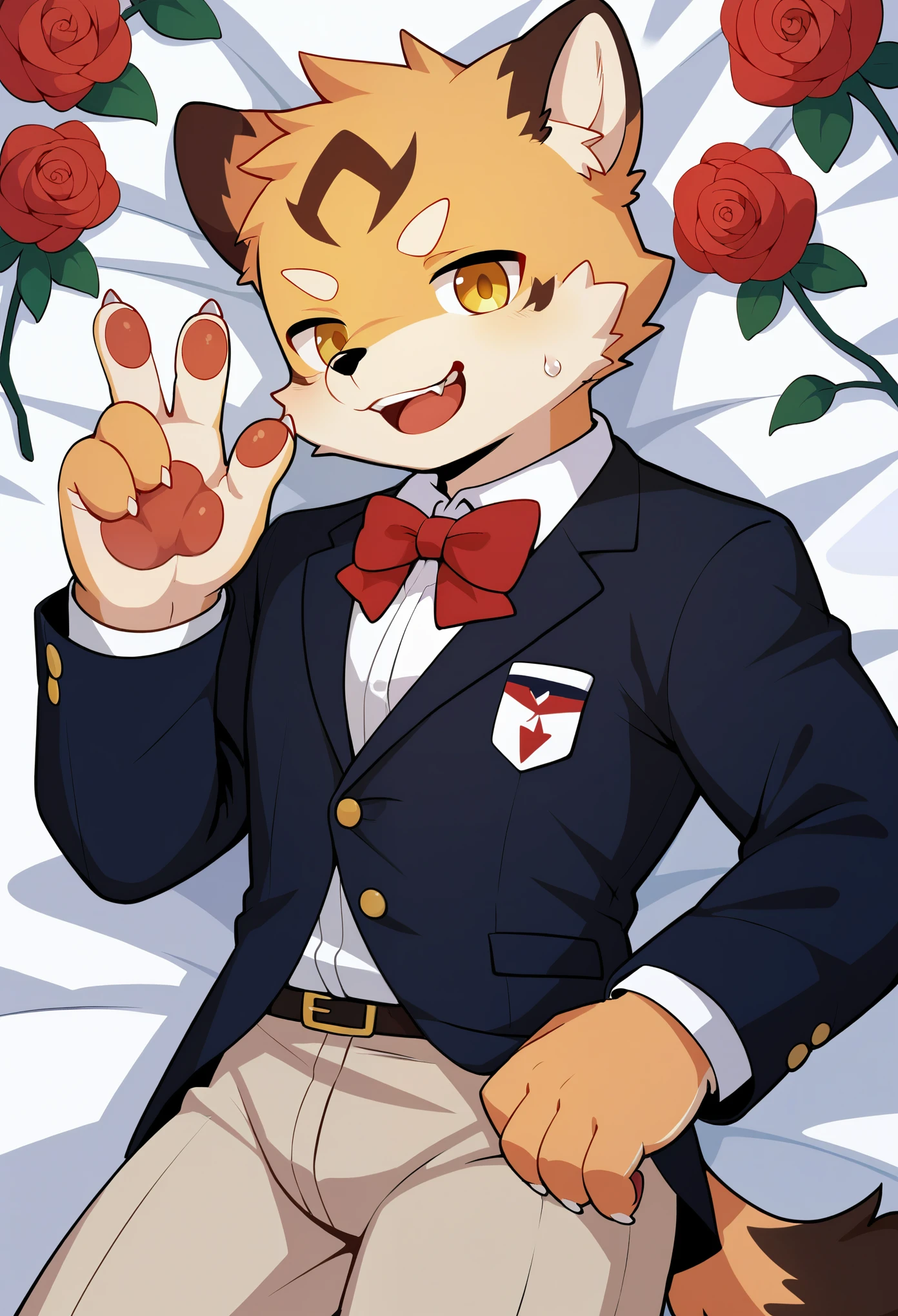 Watercolor elements, 1boy, kemono, furry, detailed body fur, animal face, animal hand, Handsome boy in tuxedo holding a red rose and looking at viewer,