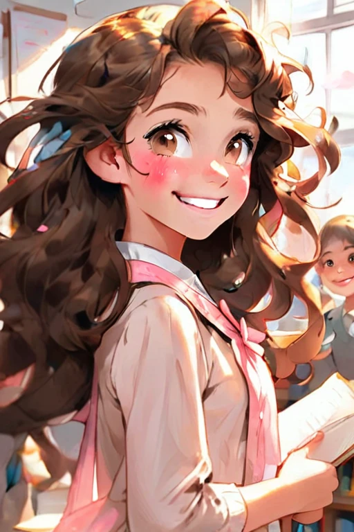 A beautiful young student girl smiling, wide grin, long brown curls, light brown eyes, white skirt, pink cardigan, in a classroom