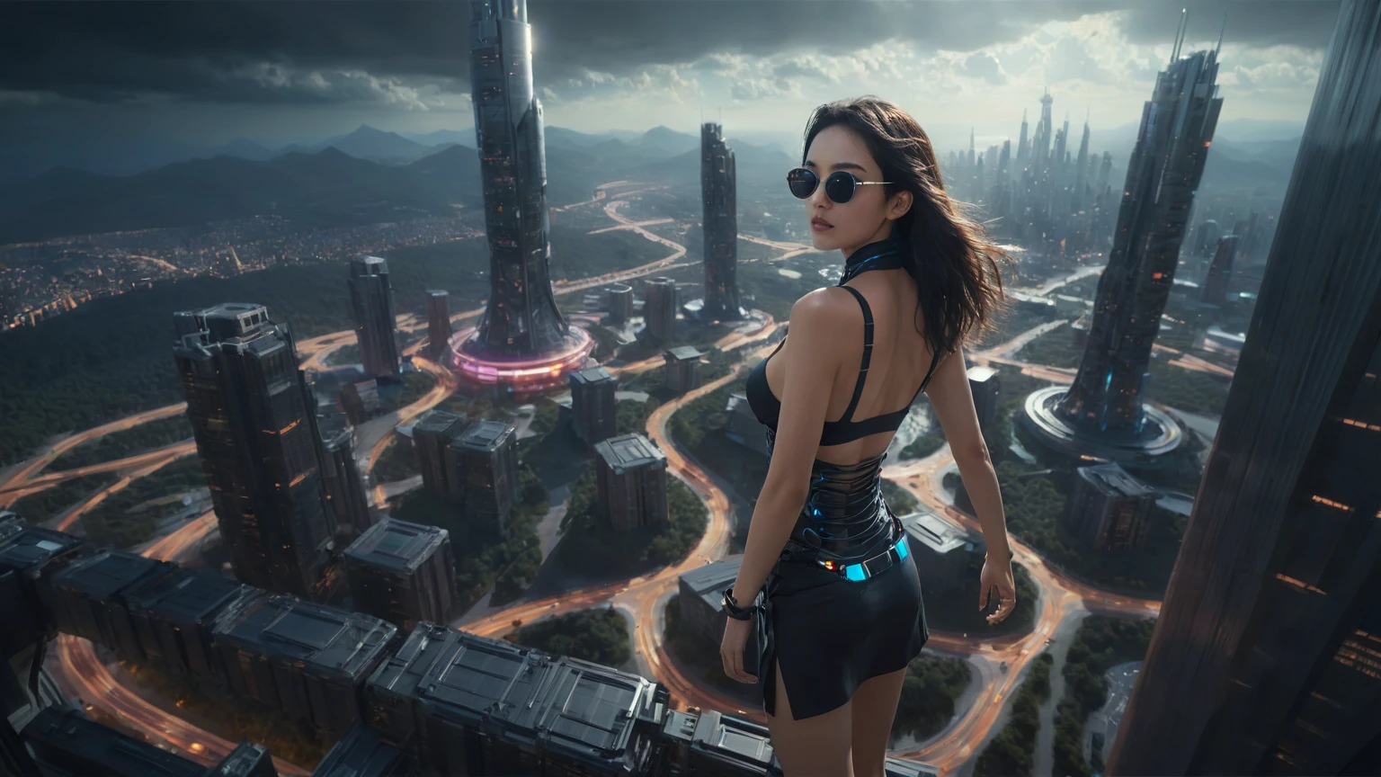 UE 5, computer render, Rendered by Octane, (8K, tmasterpiece), (realistically, Photo degree:1) luminescent concept art, (((((aerial view))))) of Cyberpunk city scene, ((Surreal circuit architecture)), (((((supercars street racing, 1 drone))))). Matrix style, (((((Matrix cascading code))))), (((((a futuristic twin tower skyscraper with a unique twisted design))))), (((((OLED GUI interfaces in the building))))), at night, (((((1girl, solo))))), photo realistic, (((large-breast:1.2 slim body, cleavage))), (((off torn mini matrix-code sling-shirt and black sling bra, extreamly short pleated matrix-code miniskirt exposing panty))), (((((running pose))))), (((((((matrix style black micro sunglasses))))))), ((((((((((aiming with a short gun)))))))))), (((((looking at camera))))), (((very low view))), (((((half-body thigh level medium shot))))), (((cinematic lighting))).