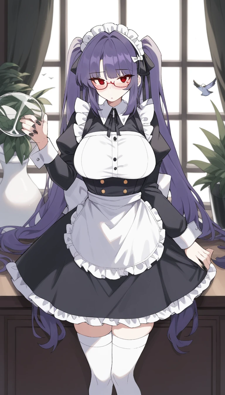 score_9, score_8_superior, score_7_superior, score_6_superior,a girl with a purple maid's outfit and black and white hair standing in a glass cabinet, 1girl, twintails, thighhighs, black nails, breasts, apron, glasses, solo, red eyes, long hair, white thighhighs, white apron, maid, maid headdress, long sleeves, large breasts, frills, purple hair, dress, animal on shoulder, bangs, window, ribbon, hair ribbon, hair ornament, plant, bird, blush, indoors, curtains, black dress