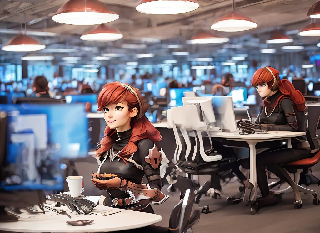 score_9, score_8_up, score_7_up, score_6_up, score_5_up, score_4_up, source_anime, tomboy girl, long hair, Bust Cup B , open-chest outfit, Guillotine Cross Rust Color Set, breastplate, waist armor, Beautiful narrow waist, Beautiful belly, Armor, red hair, Metal head jewelry, red eyes, Sparkling eyes, sit, Mobile gaming mouse, office backdrop, office desk, office chair, Sharp picture, Magical light, Bright atmosphere, beautiful backdrop, simple