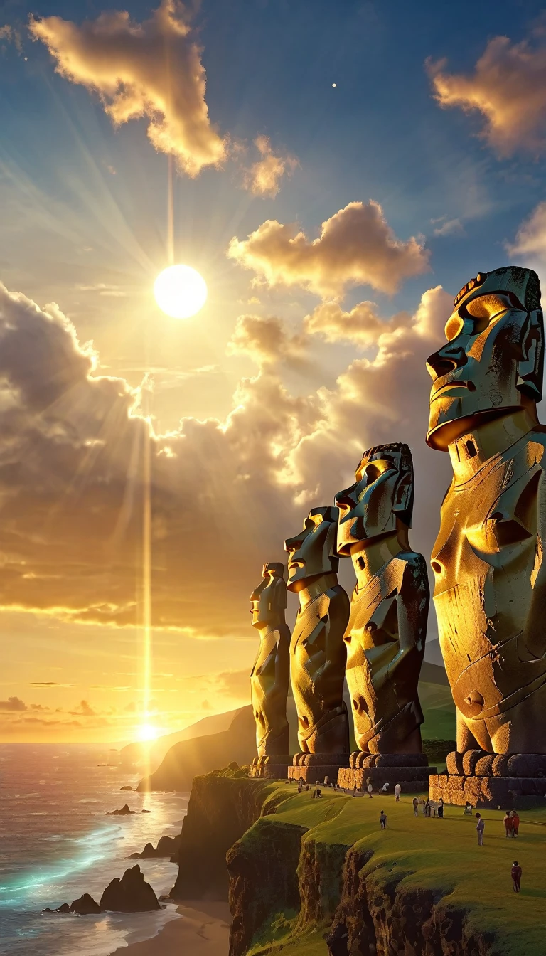 Very beautiful photo of the giant gold Easter Island Moai statues, On the shores of the Pacific Ocean, sunset, Candlelight is on, Dramatic lighting, Expand the wind, Nice views, Beautiful sky, Spectacular full moon, Spiritual environment.A dazzling light that paints everything in gold、god々area、Digital Art, The clouds clear and the shining sun appears, On Ascension Day,Golden Sun、Sky City、god々Utopian、There is one relic。Lens flare、Angel Ladder、Super Detail,Highest quality,masterpiece,(8k),Very detailed,A wonderful work of art,The picture is clear,Golden light on background