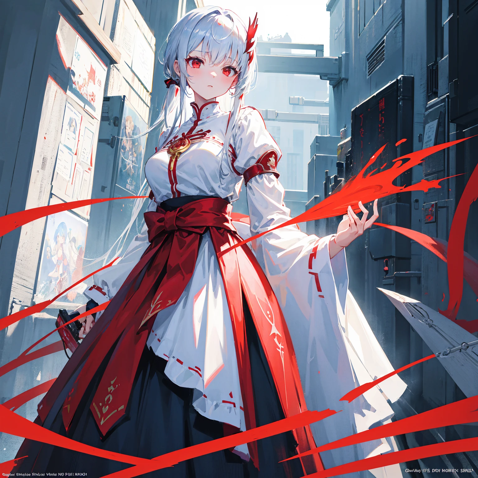 Wearing a red and white dress、anime girl holding sword, Highly detailed official artwork, Epic Light Novel Cover Art, epic Light novel cover art, Silver and red armor, guweiz on pixiv artstation, Anime style 4K, Detailed key animation art, Light novel cover art, Anime Fantasy Artwork,White hair and red eyes,Side Ponytail,Waist-length hair,one person,Portraiture,Reading