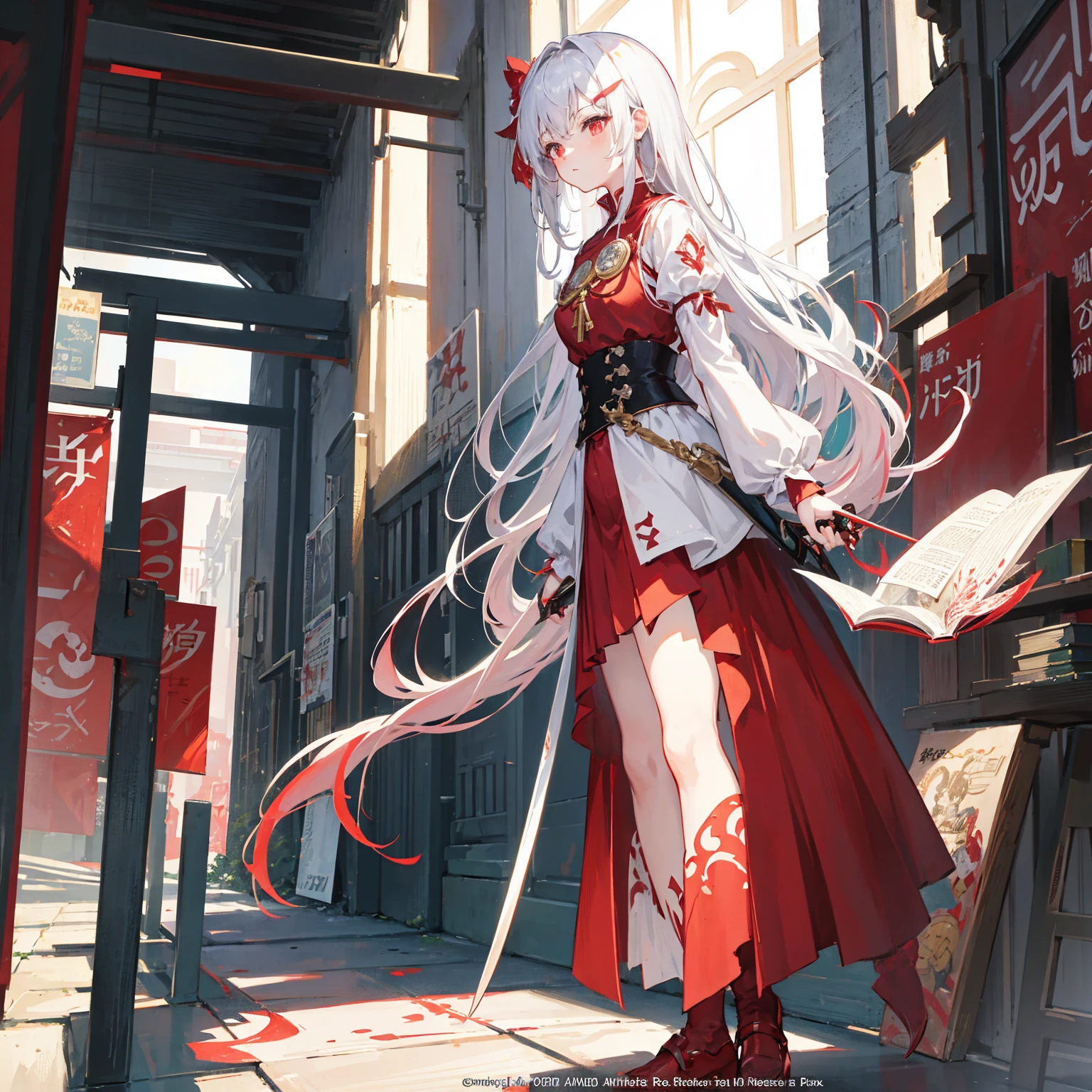 Wearing a red and white dress、anime girl holding sword, Highly detailed official artwork, Epic Light Novel Cover Art, epic Light novel cover art, Silver and red armor, guweiz on pixiv artstation, Anime style 4K, Detailed key animation art, Light novel cover art, Anime Fantasy Artwork，White hair and red eyes，Side Ponytail，Waist-length hair，one person，Portraiture，Reading