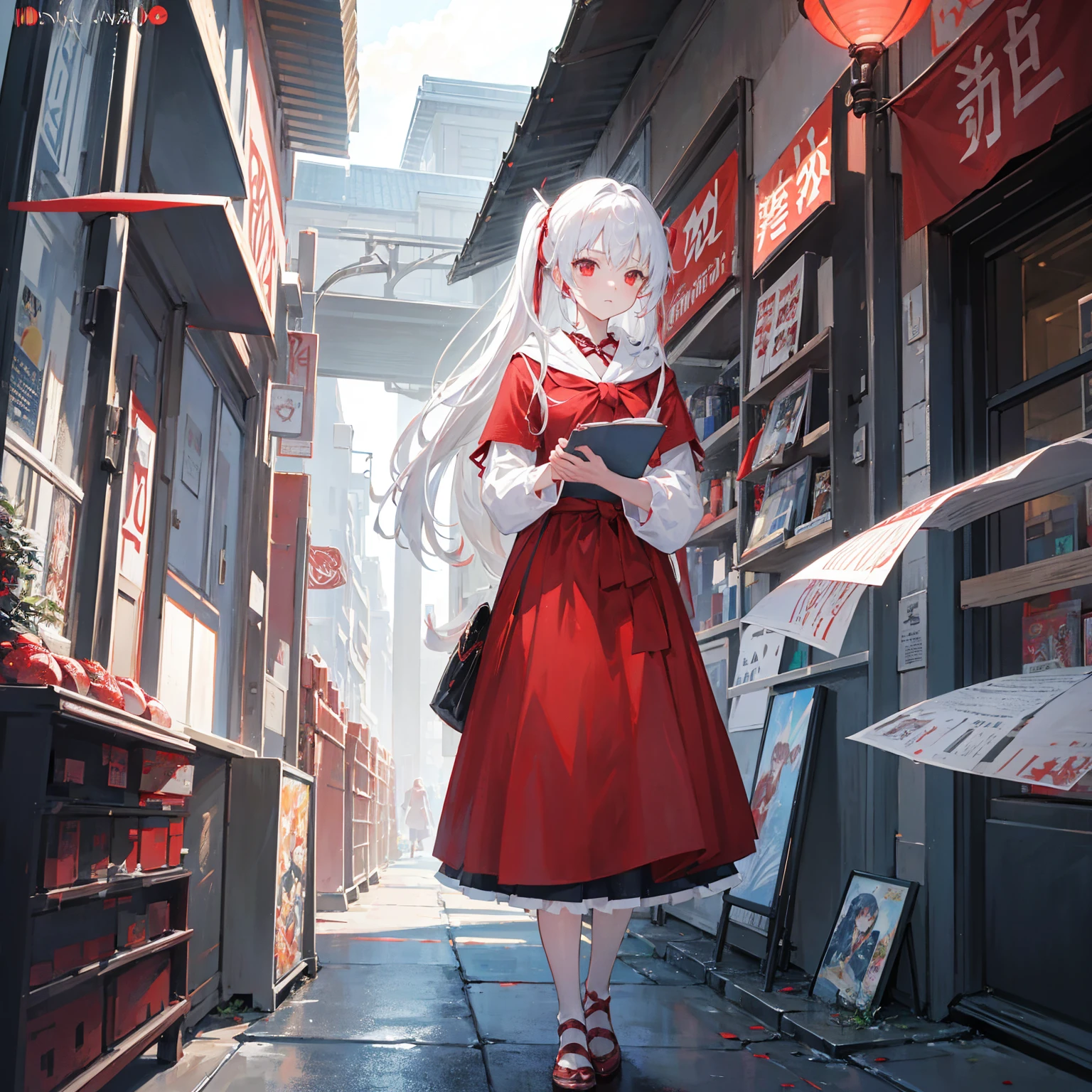 Wearing a red and white dress、anime girl holding sword, Highly detailed official artwork, Epic Light Novel Cover Art, epic Light novel cover art, Silver and red armor, guweiz on pixiv artstation, Anime style 4K, Detailed key animation art, Light novel cover art, Anime Fantasy Artwork,White hair and red eyes,Side Ponytail,Waist-length hair,one person,Portraiture,Reading