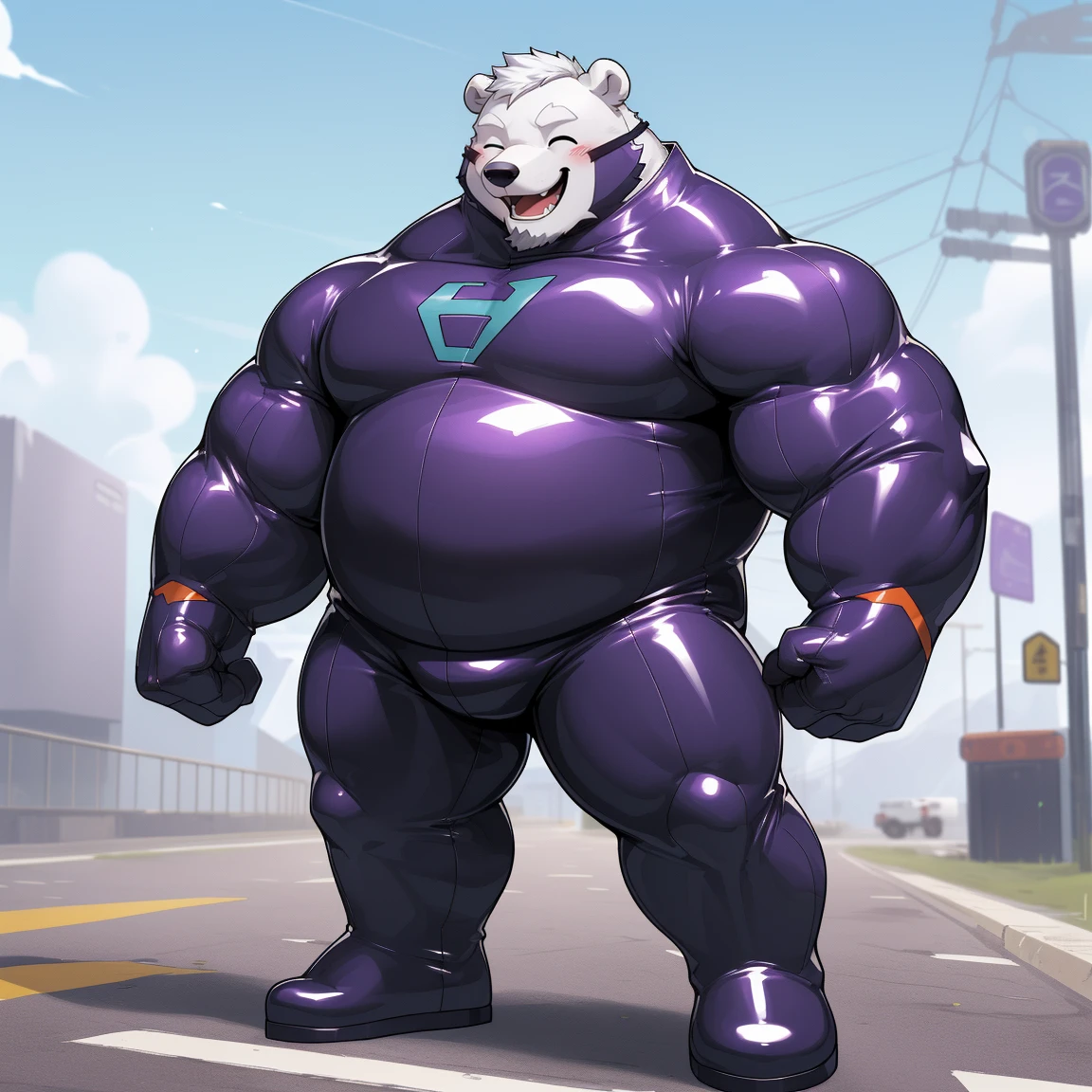 masterpiece, best quality, 8k resolution, Very detailed, hairy,(((polar bear)),(((Mature))),(((beard))),(((Strong))),(((White hair all over body))),portrait,(((White hair))),(((Roadside))),(((Half face mask))),For the audience,(((Purple gel coat))),(((Tight rubber suit))),Highest quality scene,Solitary,solitary,(((whole body))),(((The left eye is closed))),(((Hands are behind you))),(((The right eye is open))),(((Standing with legs apart))),(((Laughing))),((Fat-enclosed muscle)),(((Round face))),(((alone))),(((Strong body))),(((Hip bulge))),(((huge))),(((Super hero))),(((Long legs)))