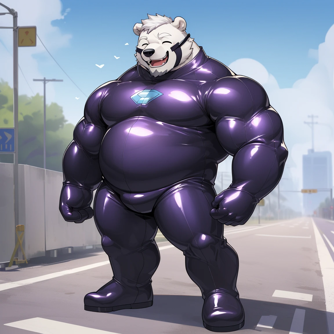 masterpiece, best quality, 8k resolution, Very detailed, hairy,(((polar bear)),(((Mature))),(((beard))),(((Strong))),(((White hair all over body))),portrait,(((White hair))),(((Roadside))),(((Half face mask))),For the audience,(((Purple gel coat))),(((Tight rubber suit))),Highest quality scene,Solitary,solitary,(((whole body))),(((The left eye is closed))),(((Hands are behind you))),(((The right eye is open))),(((Standing with legs apart))),(((Laughing))),((Fat-enclosed muscle)),(((Round face))),(((alone))),(((Strong body))),(((Hip bulge))),(((huge))),(((Super hero))),(((Long legs)))
