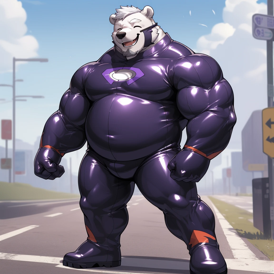 masterpiece, best quality, 8k resolution, Very detailed, hairy，(((polar bear))，(((Mature)))，(((beard))),(((Strong)))，(((White hair all over body)))，portrait，(((White hair)))，(((Roadside)))，(((Half face mask)))，For the audience，(((Purple gel coat))),(((Tight rubber suit)))，Highest quality scene，Solitary，solitary，(((whole body)))，(((The left eye is closed)))，(((Hands are behind you)))，(((The right eye is open))),(((Standing with legs apart)))，(((Laughing)))，((Fat-enclosed muscle))，(((Round face)))，(((alone)))，(((Strong body)))，(((Hip bulge)))，(((huge)))，(((Super hero)))，(((Long legs)))