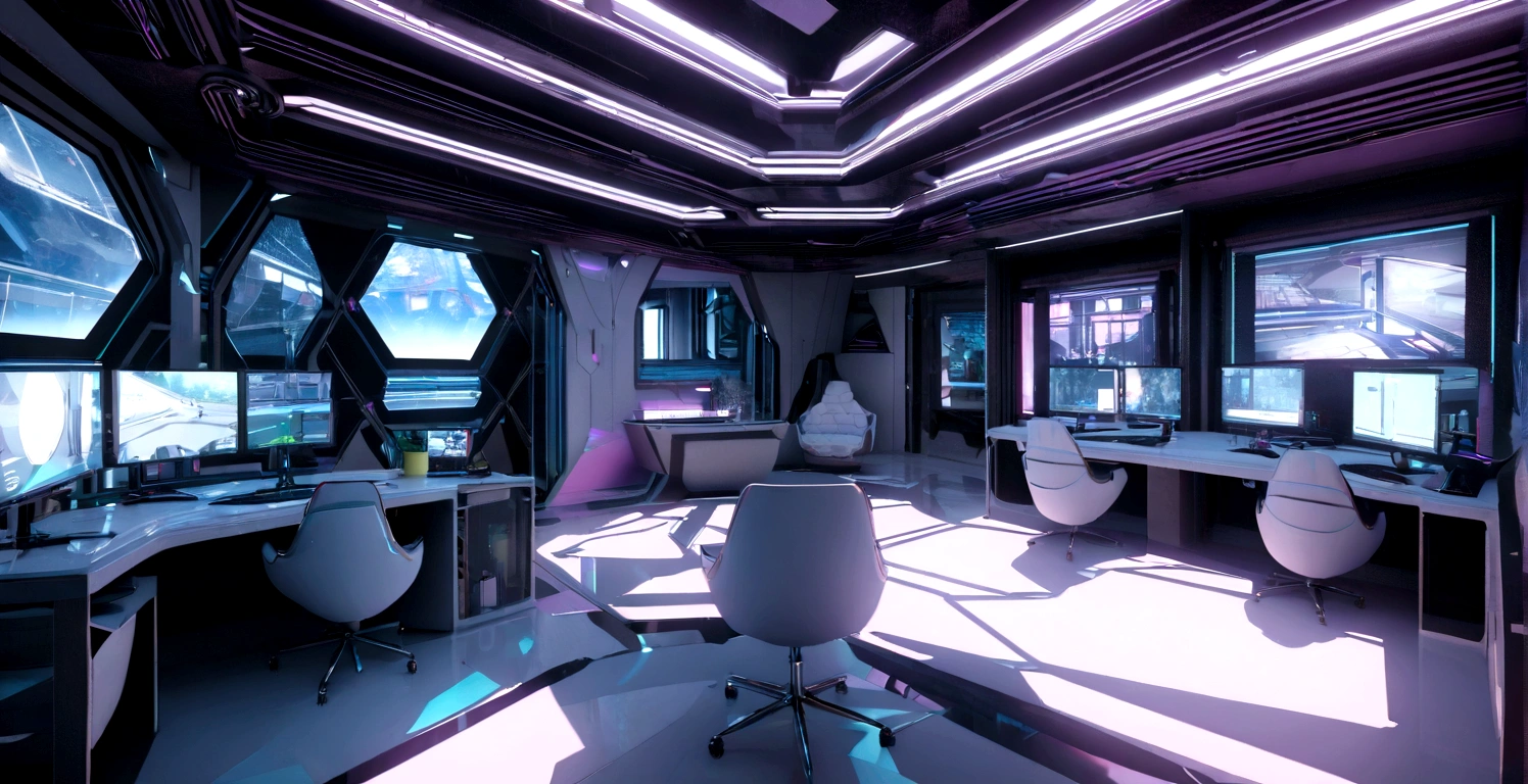 There is a computer desk with six monitors and a chair in front of it., Futuristic interior, Futuristic room, Retro and futuristic apartment, Futuristic room background, Futuristic Living Room, Futuristic Architectural Art, Desktop Graphics, SF Interior, Detailed futuristic architecture, Gorgeous 3D rendering, Origami Studio 3 Design, Render with Lumion Pro, Stunning 3D rendering