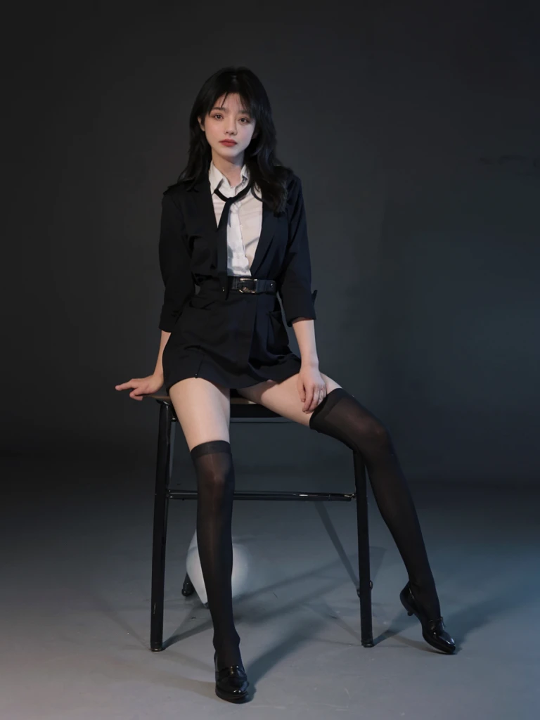 best quality, full body image, delicate face, beautiful face, 25 year old woman, OL uniform, office clothes, black stockings, gray background
