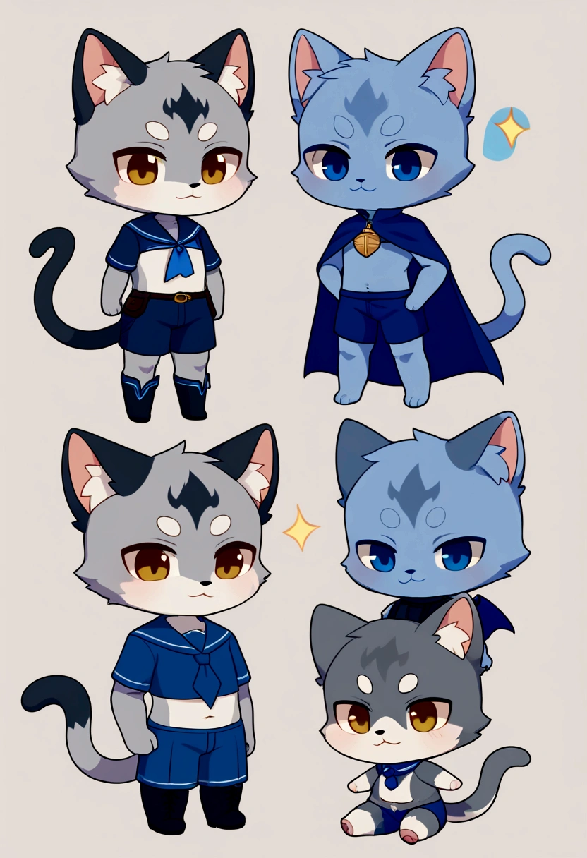 boy, furry, grey cat ears, animal ear fluff, bodyfur, grey cat tail, blue spade budge, blue neckerchief, blue sailor collar, blue cloak, light blue polo shirt, short sleeves, blue shorts, blue rubber gloves, blue wellington boots, chibi