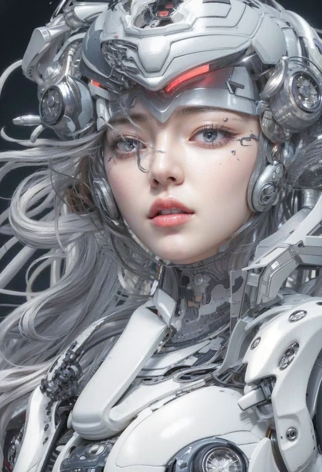 Dystopian night scene, very intricate details, Japanese woman wearing model-like armor, beautiful face, legs, cylinders that look like muscles, pose in motion, 8k, ultra high resolution, super realism, realistic photo, taken with Fuji film X-T30.+Nokton. HDR10