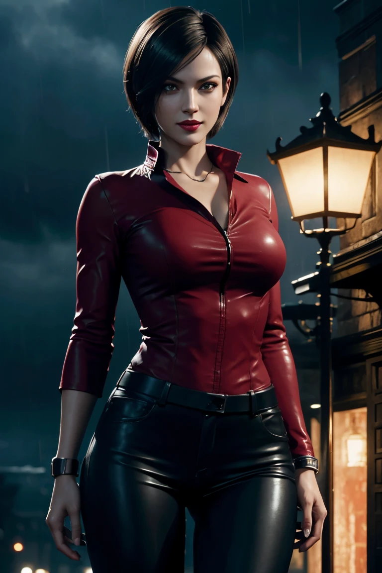 Resident Evil 6,Ada,Short Hair,Red Shirt,Stand up your collar,Black Leather Pants,Photorealistic,Ultra HD,high quality,masterpiece,Digital SLR,Detailed details,Intricate details,Anatomical basis,Depicted in detail,A detailed face,Realistic skin texture,Vivid details,Perfect Anatomy,Perfect Anatomy,Anatomically correct hand,Anatomically correct fingers,Super Detail,Complex 3D rendering,Sexy pose,Rainy Sky,Beautiful scenery,Fantastic rainy sky,Picturesque,Red Lip,smile,