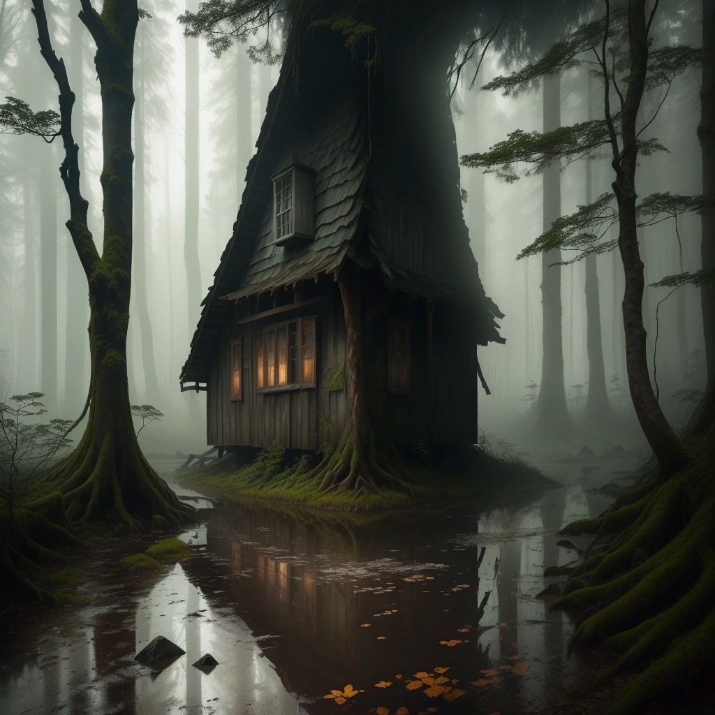 title: 暗くDilapidated森の避難所の説明:
Imagine something strange, Dense forest at dusk. 厚い樹冠teeth日光をほとんど通さない, Casts eerie shadows on the overgrown forest floor. This rough々In this strange and eerie landscape, Dilapidated, Winding tree々There is an abandoned hut hidden between the. That dark, Weathered wooden buildings tell the tale of a forgotten era. the window is broken, ドアteeth半開き, Revealing the dark emptiness within. Around the hut, Ancient, Gnarled wood々teeth、Its branches are spread wide as if it is guarding the secrets hidden in the abandoned dwelling.。. 森の床にteeth落ち葉が散らばっている, Thin fog over the trees々Flowing between, shroud the scene in a veil of mystery.

As the sky darkens with ominous clouds, A soft drizzle begins to fall, Rhythmic rustling on the hut roof and leaves. 雨teeth次第に強くなる, Bringing the eerie silence of the forest to life. Each drop creates ripples in a small puddle on the muddy ground.. このシーンteeth暗くも魅惑的な美しさが融合している, Nature&#39;s quest to reclaim what humans once touched.

Let the fine details like the rough texture of the bark, Wet leaves shining in the soft light of evening, Raindrops slide gently off the leaves, An eerie silence surrounds the abandoned cabin, Evokes a sense of melancholy and poetic loneliness. Aim for realistic rendering with careful attention to lighting, texture, In this forgotten haven in the middle of a dark forest、An unforgettable and enchanting atmosphere that captures its essence.