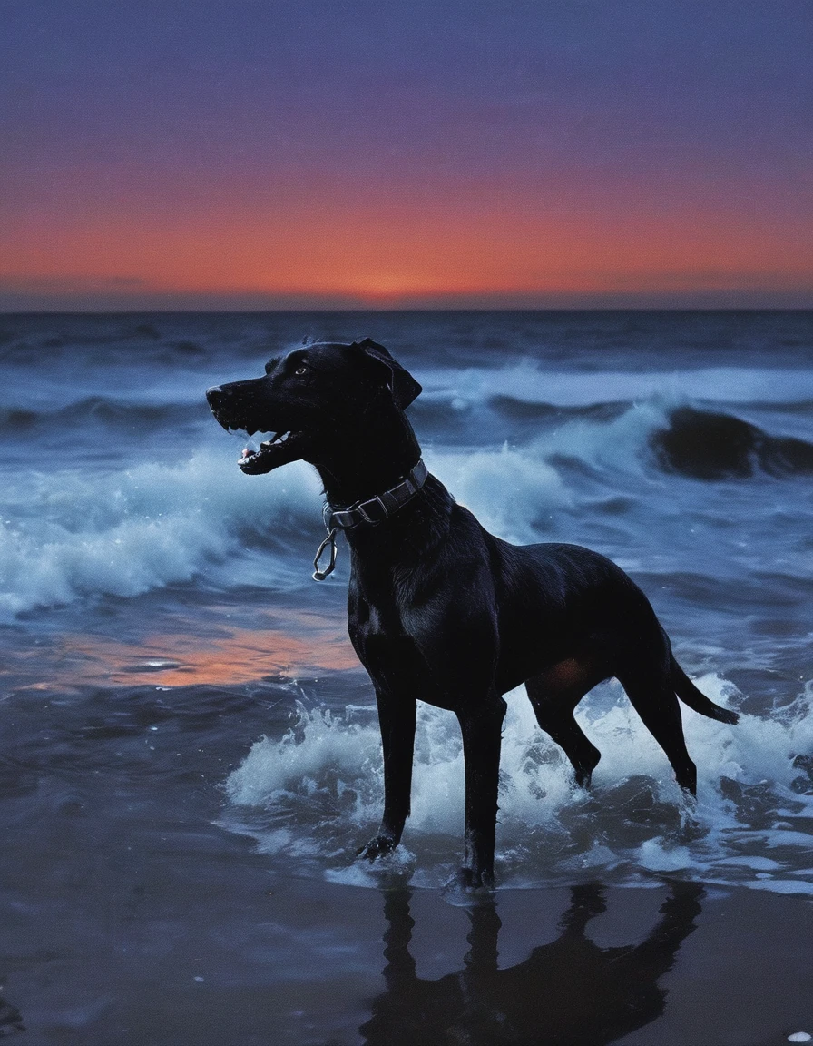  HD quality, black dog in sea at night, blue background