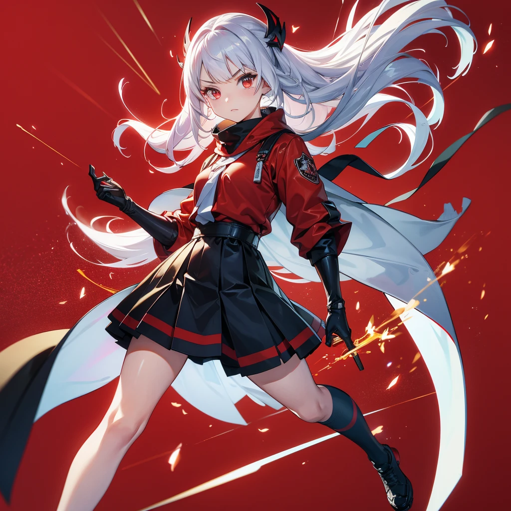 1girl、Dynamic composition、((Perspective Lens, A woman with long white hair and red inner color, Dynamic poses with serious and mean expressions, Holding a large Barrett MB2A1 with both hands:1.5)) ,((視聴者に向かってgunのsightを覗いている:1.5)),((Sparks flying on a pure red background:1.2)),Anime Style、detailedな目、Looks like she's in her early 20s,Shooting in mid-motion,With her long braided hair fluttering. Her outfit is reminiscent of a butterfly,Black, red and gold colour palette,Be playful.neon_outlines,Super huge、detailed、gun、whole body、
