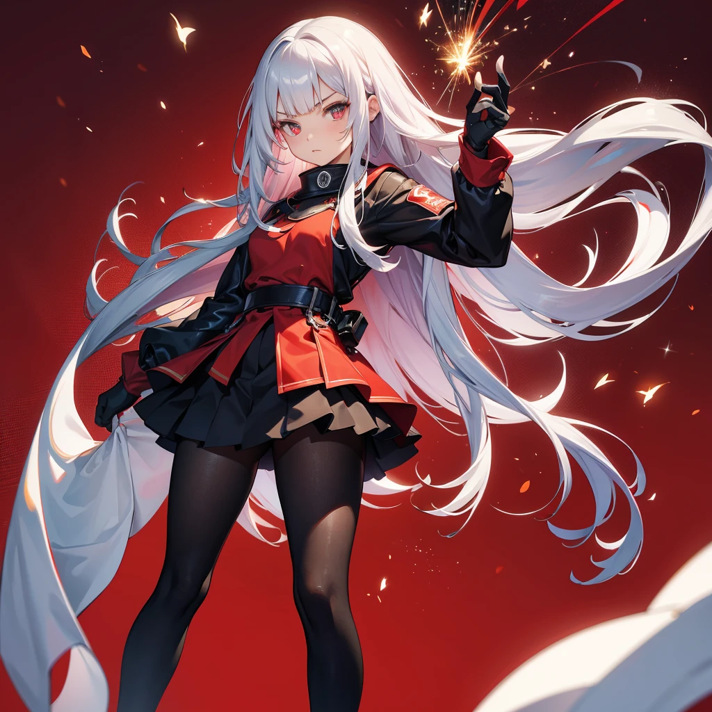 colorfull,epic,Gothic,masterpiece, best quality,highly detailed,anime,1 girl,4k,small beast,red beautiful detailed eyes,white hair,thinking,beautiful detailed sky,black boots,,sexy,dramatic angle,white gloves,white short skirt ,hands behind,long white silk stocking,floating time,{{{red eyes}}}