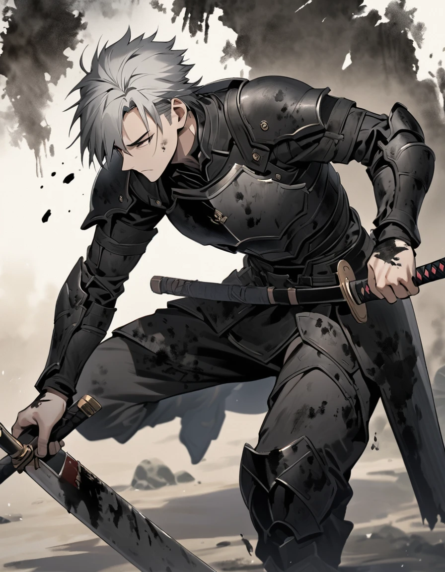 Man with long grey hair 28 years old Putting a Japanese sword into its sheath Black armor is dirty and cracked Ink Painting