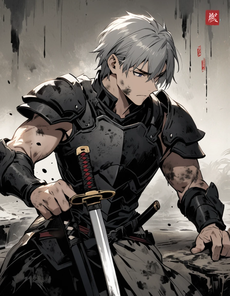 Man with long grey hair　28 years old　Putting a Japanese sword into its sheath　Black armor is dirty and cracked　Ink Painting　