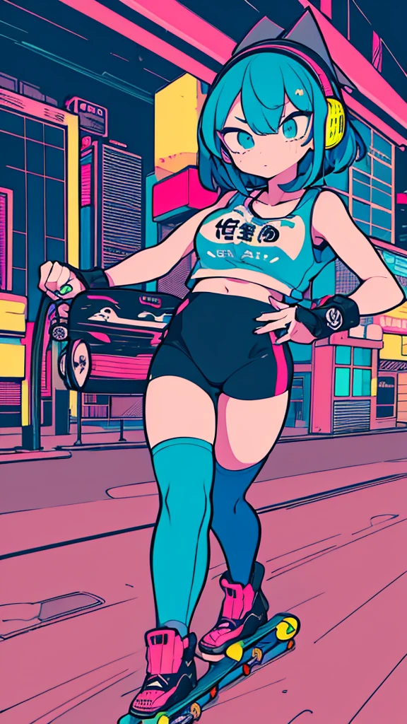 Best quality, (masterpiece:1.2), best detail face,1 girl is walking, big breasts, 18 yo, 8k,absurdres,unity 8k wall paper,(extremely detailed:1.3), highest realistic, (retro headphones:1.1),(psychedelic:1.2),Retro cityscape, 1girl in, retro artstyle, neon art style_Pop, public, outside of house, street signs, loose clothing, 18 yo,Lots of signs with kanji written on them, ((retro city　mood)), dark natural pallet, (((Playng Skate board)))