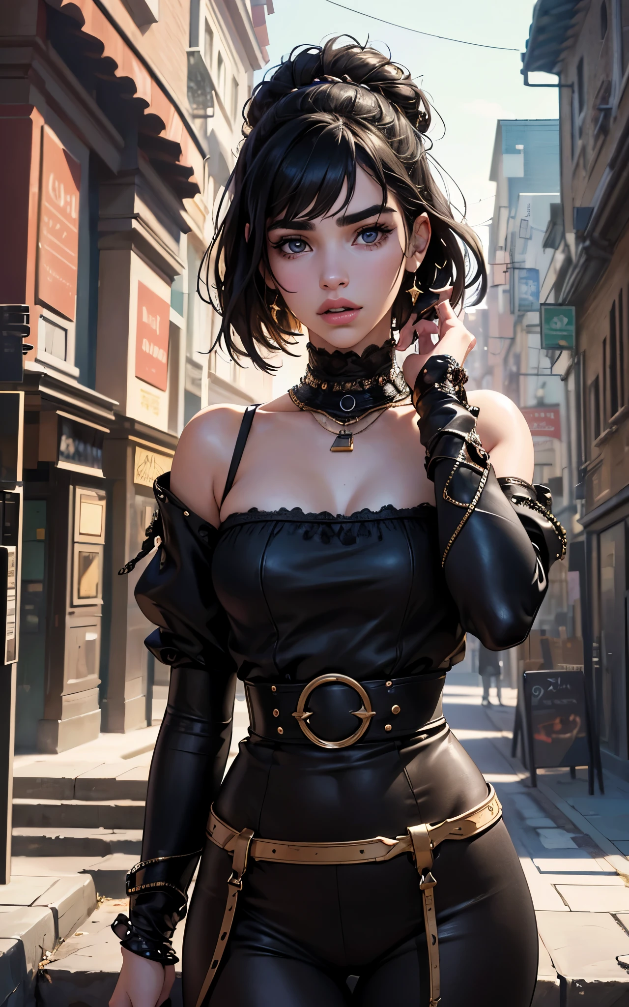 best quality, masterpiece, 4k, absurd res, UHD, ultra-detailed, detailed eyes, detailed skin, detailed hair, detailed face, (face of Dua Lipa:Alicia Vikander), detailed fabric, (1 young beautiful girl, solo:1.1), working class hero, riot in the background, comunist, ragged clothes.