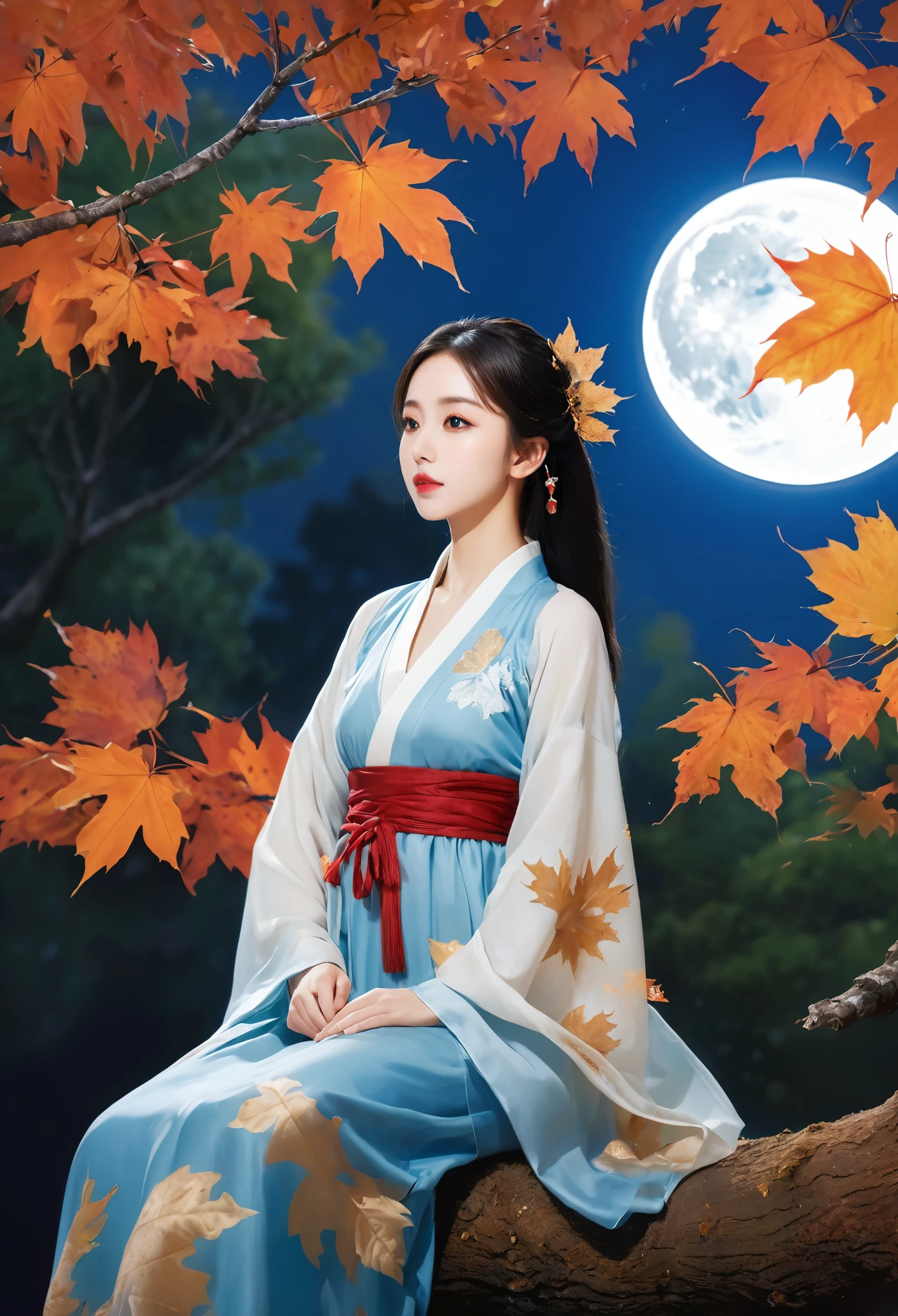 (masterpiece, best quality:1.2), full moon,A huge moon,moonlight,1girl,Girl's posture,autumn,autumn leaves,black hair,branch,breasts,falling leaves,in tree,Sitting on the trunk of a tree,Close range,Diagonal body,full body,Blue Hanfu,night,leaf,lips,long sleeves,looking at viewer,maple leaf,outdoors,sitting in tree,solo,tree,water
