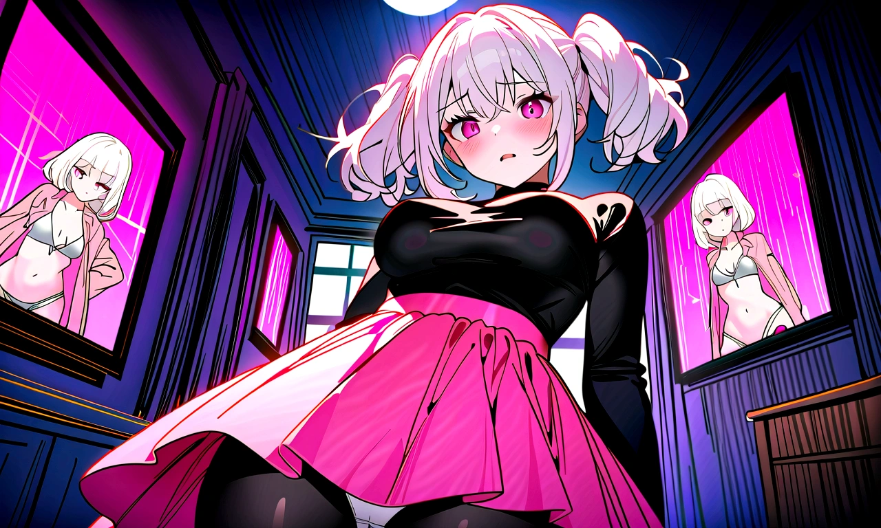 1girl, white hair, short twintails, disgusted, embarassed, creeped out look, pink eyes, wearing plain black shirt, revealing pink skirt, white panties, black leggings, bedroom, absurdres, high res, ultrasharp, 8K, masterpiece, looking at viewer, no hat, look from below