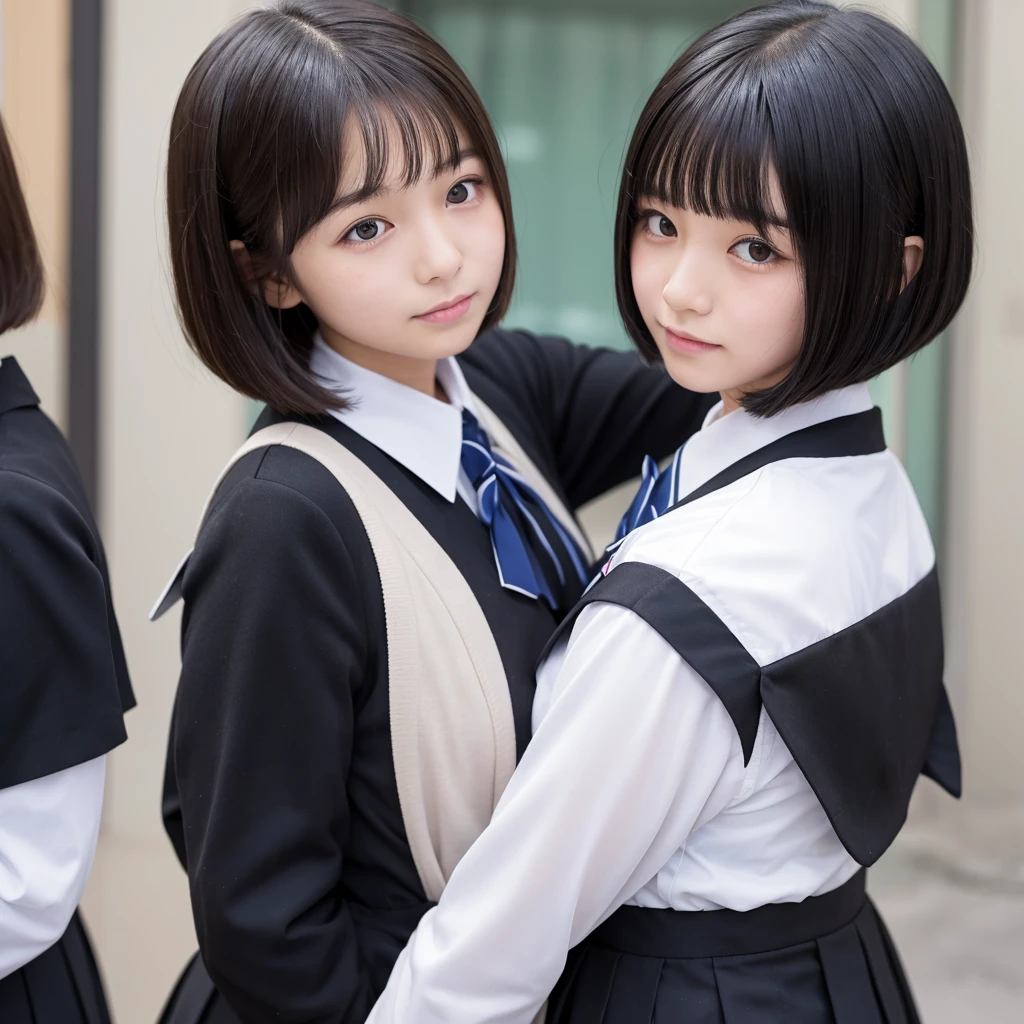 Japanese Girls、blonde、Black hairline、Bobcut、wearing uniform,Blushing、School、One person