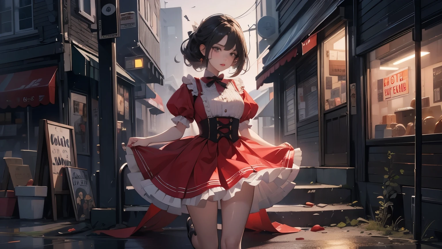(top-quality、masterpiece:1.2)、portlate、breastsout、business、train、28-year-old woman:2、Asians、two womens、White mini skirt、(Confusion of pale red flowers in the background:1.3)the same character、different costume、Different Angle、back lighting:1.5、More on rich skin:1.5、