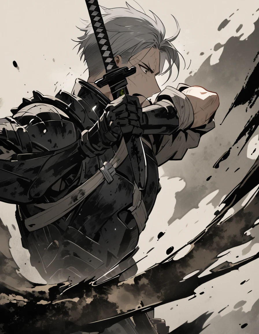Man with long grey hair　28 years old　Putting a Japanese sword into its sheath　Black armor is dirty and cracked　Ink Painting　null