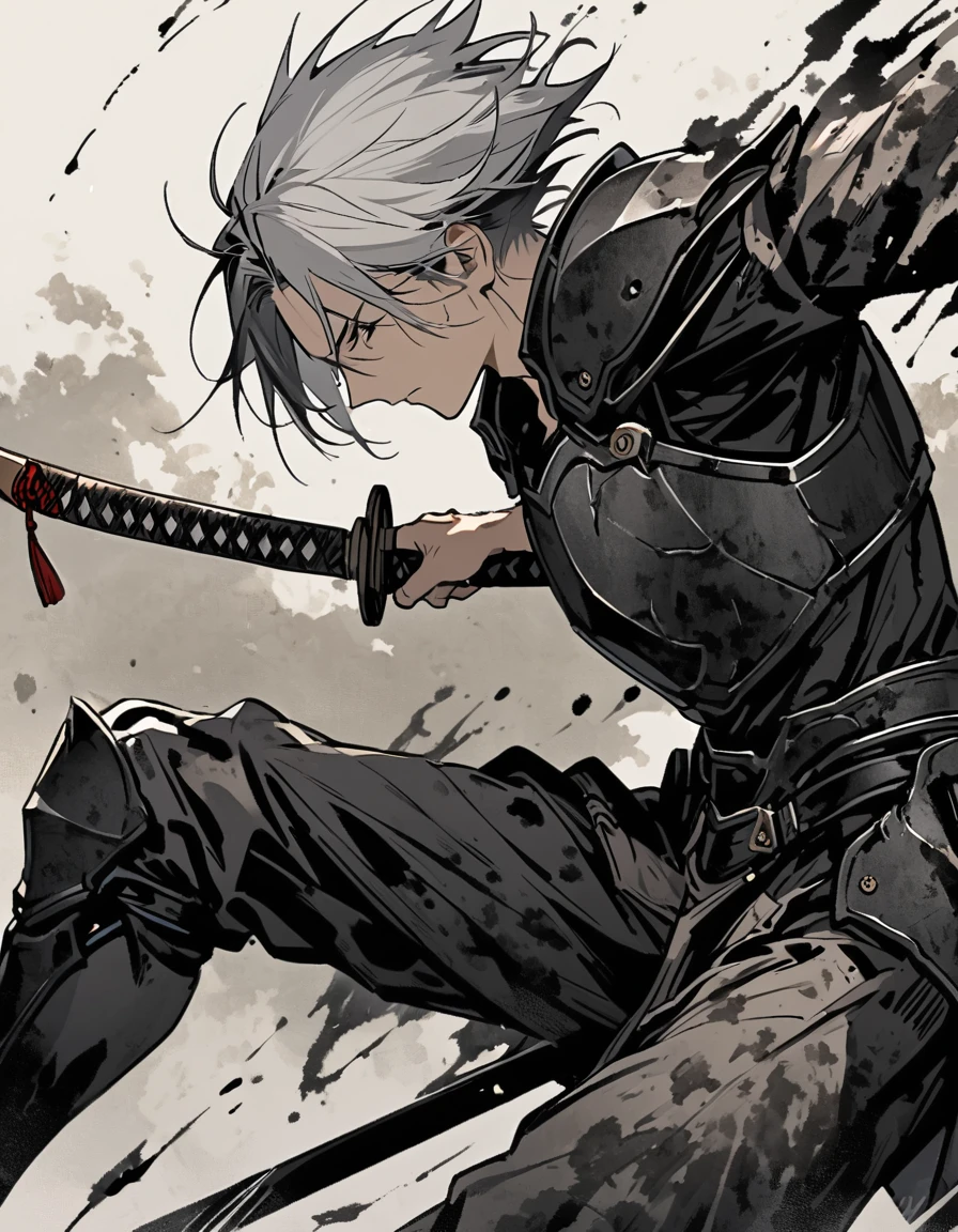 Man with long grey hair 28 years old Putting a Japanese sword into its sheath Black armor is dirty and cracked Ink Painting null